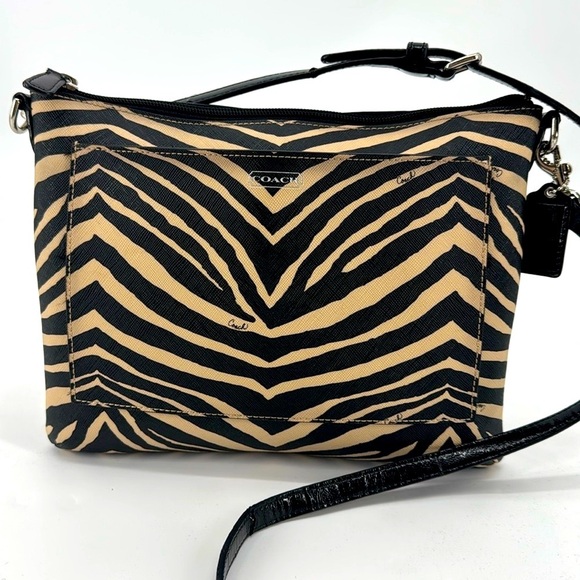Coach Peyton Leather Canvas Zebra Animal Print  Clutch Crossbody Bag Purse - Picture 1 of 12